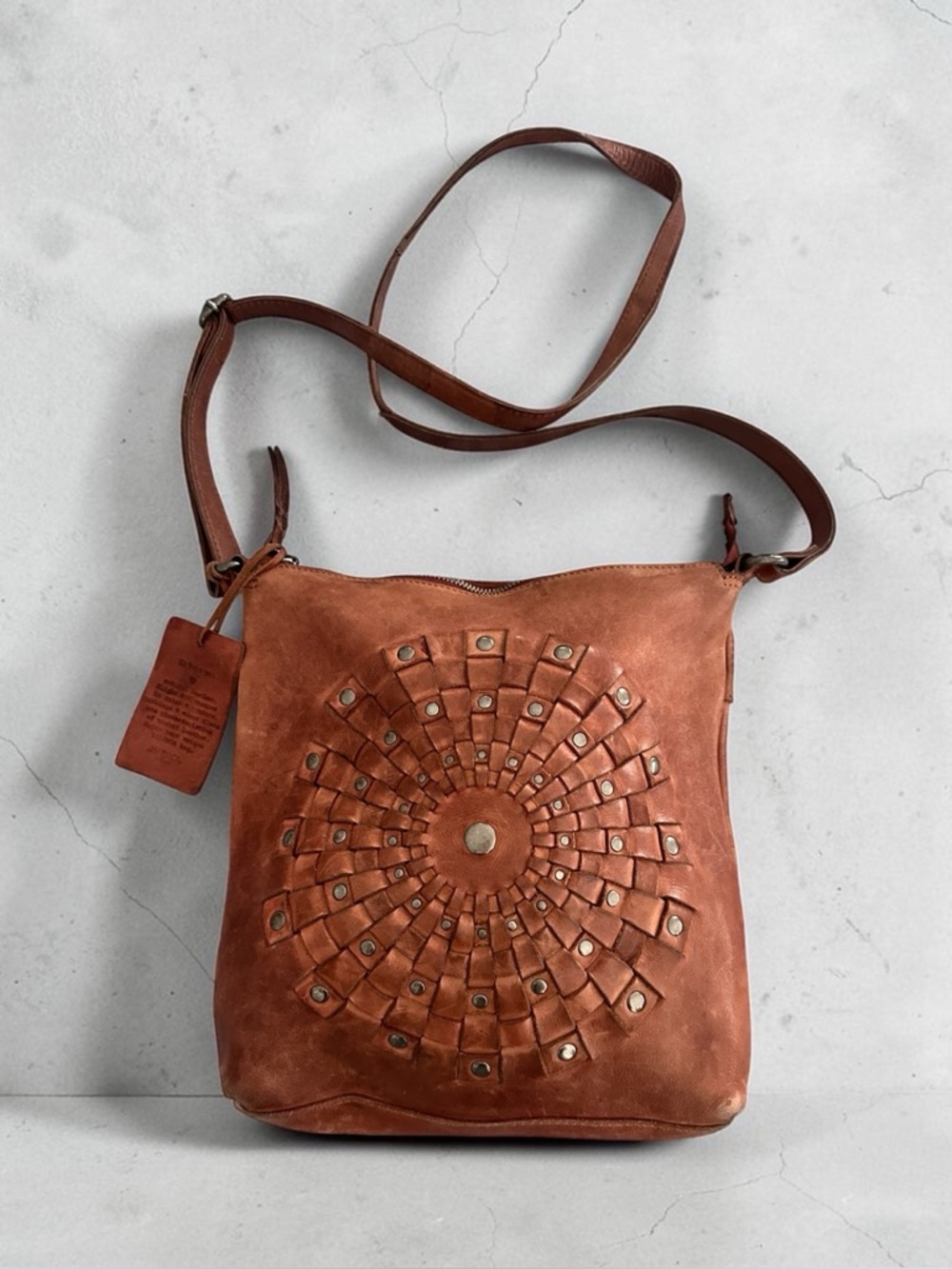 Vilenca Holland Tan Leather Crossbody Bag with Circular Weave Stud Detail